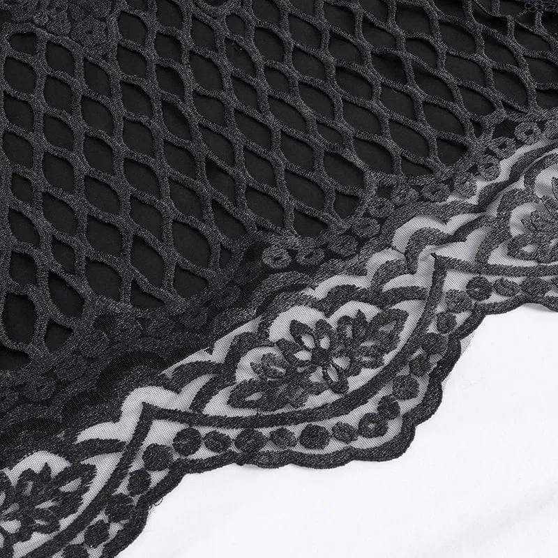 Gothic-Umhang aus Netzstoff mit Spitzenquasten und Kapuze für Damen