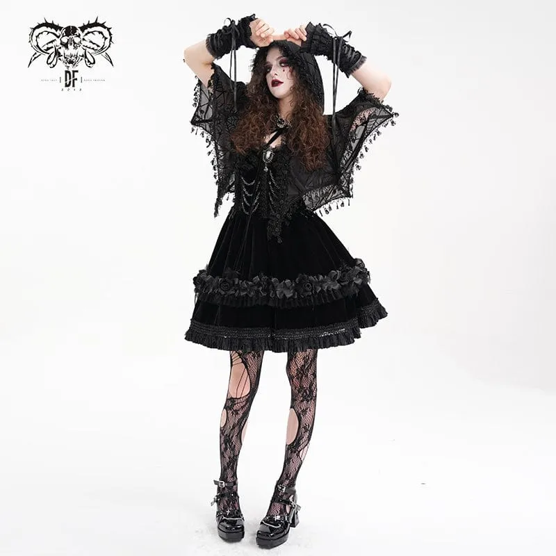 Gothic-Umhang mit Quastenriemen und Kapuze für Damen