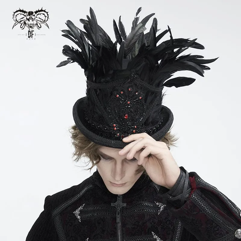 Herren-Zylinder mit Gothic-Blumenstickerei und Federn