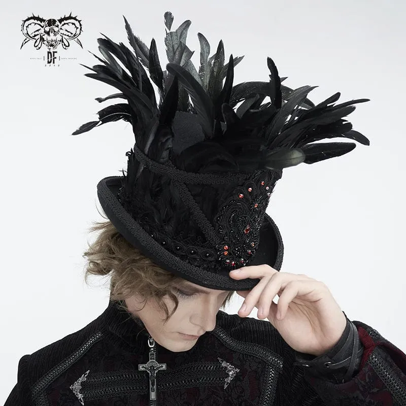 Herren-Zylinder mit Gothic-Blumenstickerei und Federn