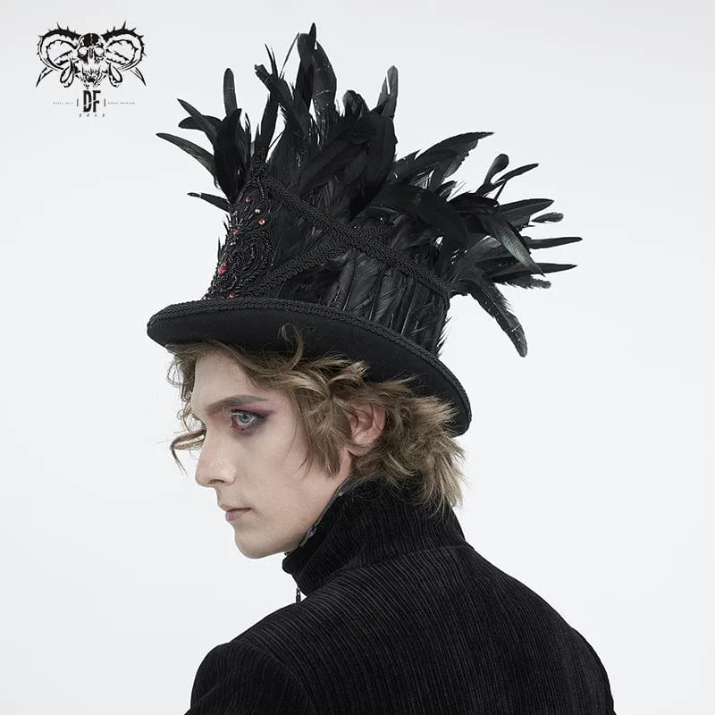 Herren-Zylinder mit Gothic-Blumenstickerei und Federn