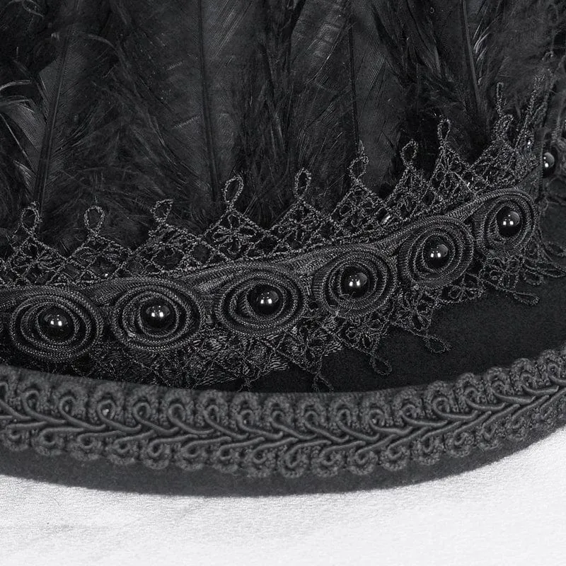 Herren-Zylinder mit Gothic-Blumenstickerei und Federn