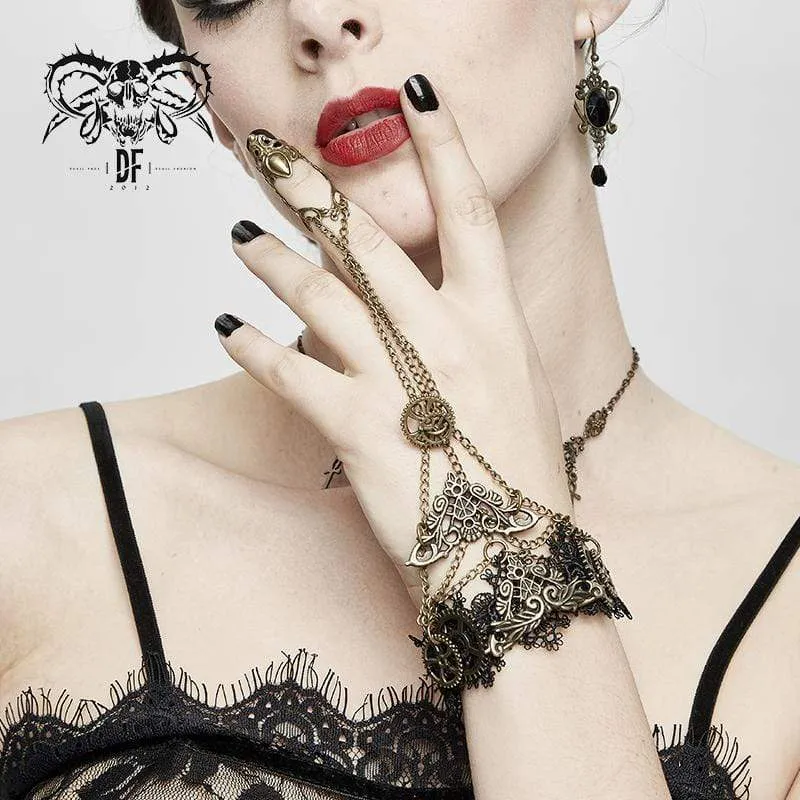 Damen Vintage Spitze Matal Armbänder mit Kette & Ring (nur eine Hand)