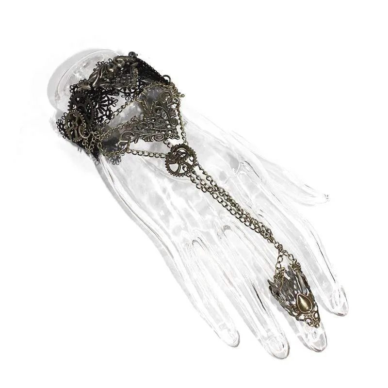 Damen Vintage Spitze Matal Armbänder mit Kette & Ring (nur eine Hand)