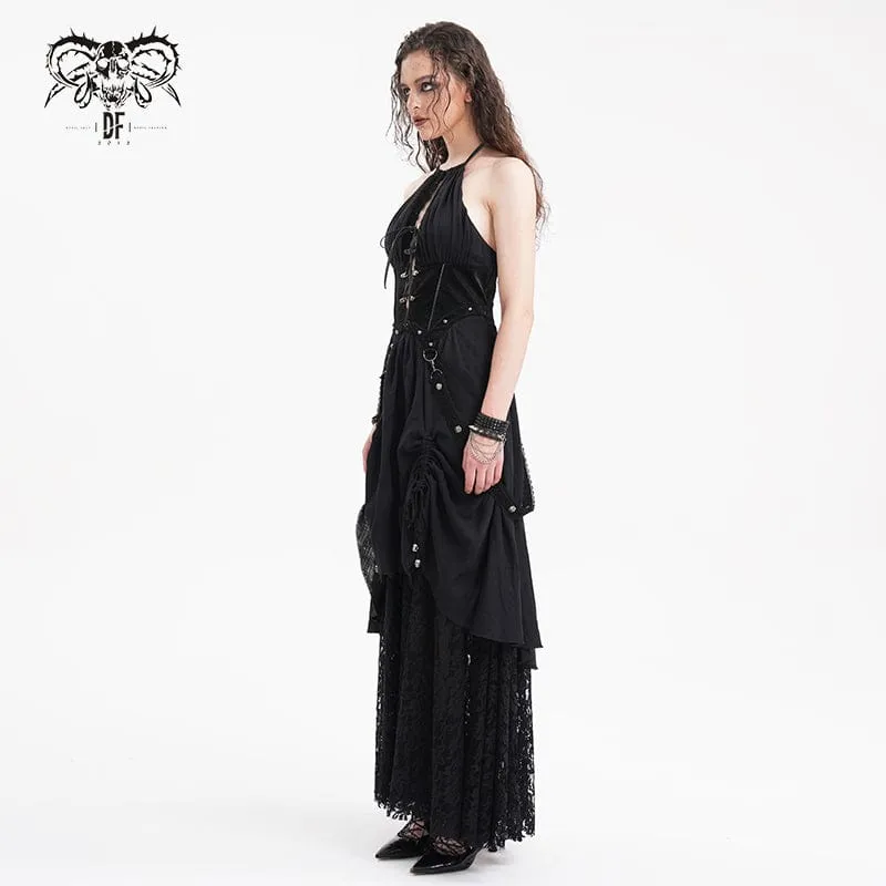 Gothic Maxikleid mit Cut-out und Spitzenträgern für Damen