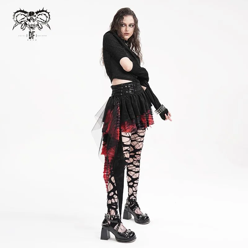 Damen Gothic Ösen Mesh Unregelmäßiger Saum Rock Schwarz Rot