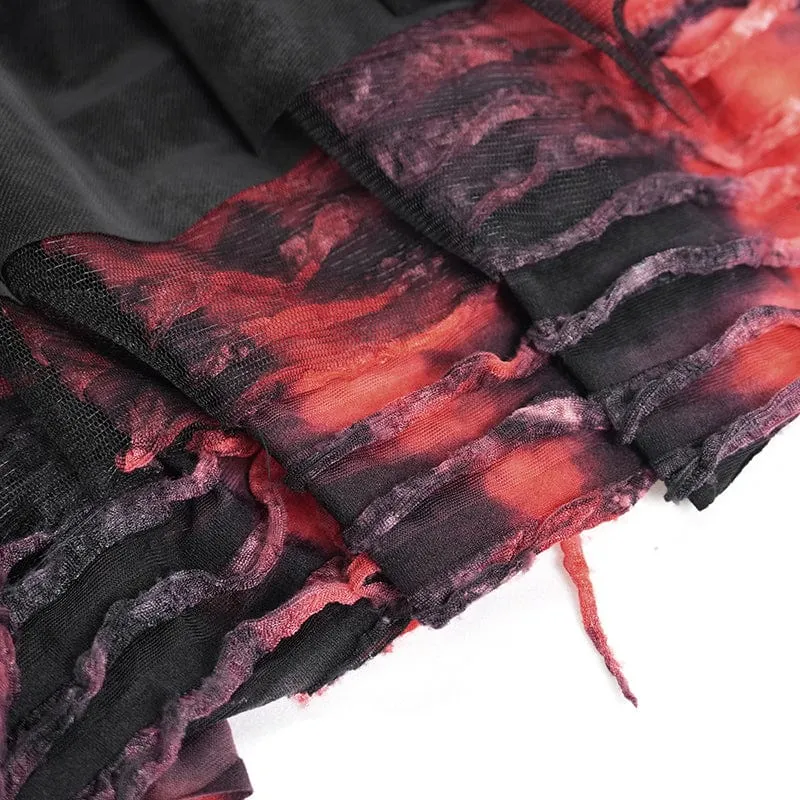 Damen Gothic Ösen Mesh Unregelmäßiger Saum Rock Schwarz Rot