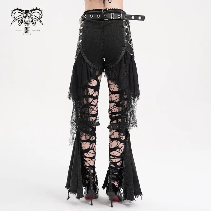 Damen-Shorts mit zerrissenem Gothic-Kettennetz und unregelmäßigem Saum