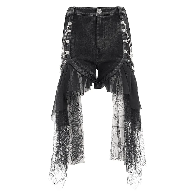 Damen-Shorts mit zerrissenem Gothic-Kettennetz und unregelmäßigem Saum