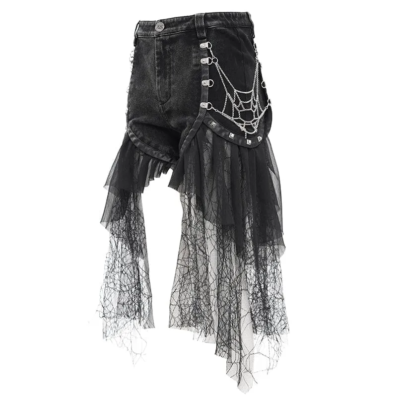 Damen-Shorts mit zerrissenem Gothic-Kettennetz und unregelmäßigem Saum