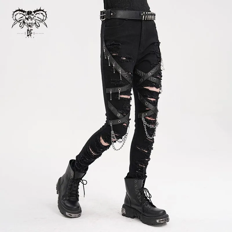Damen Punk zerrissene Ösen Ketten Hose