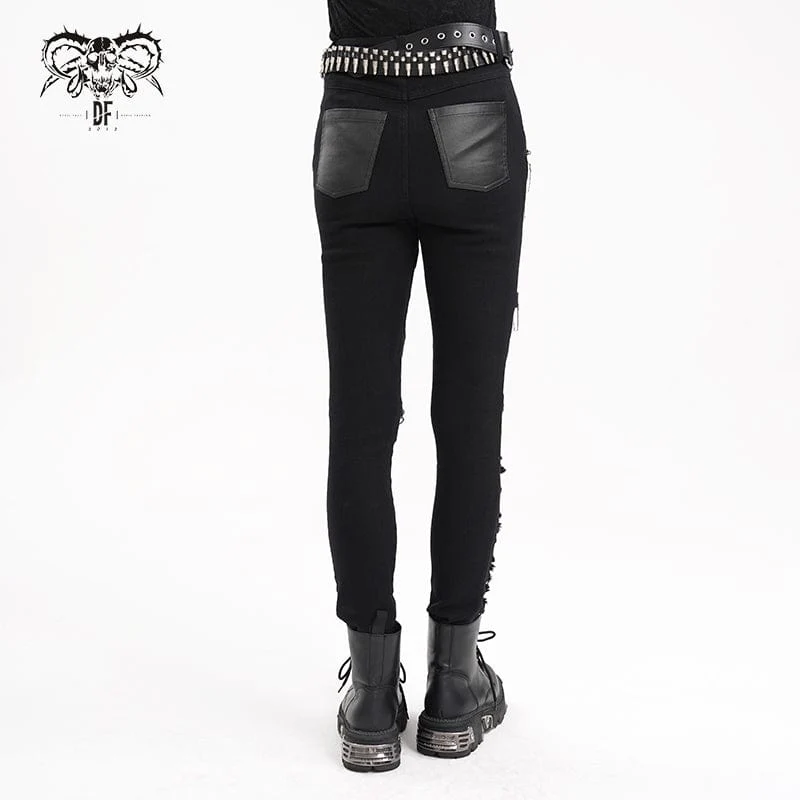 Damen Punk zerrissene Ösen Ketten Hose
