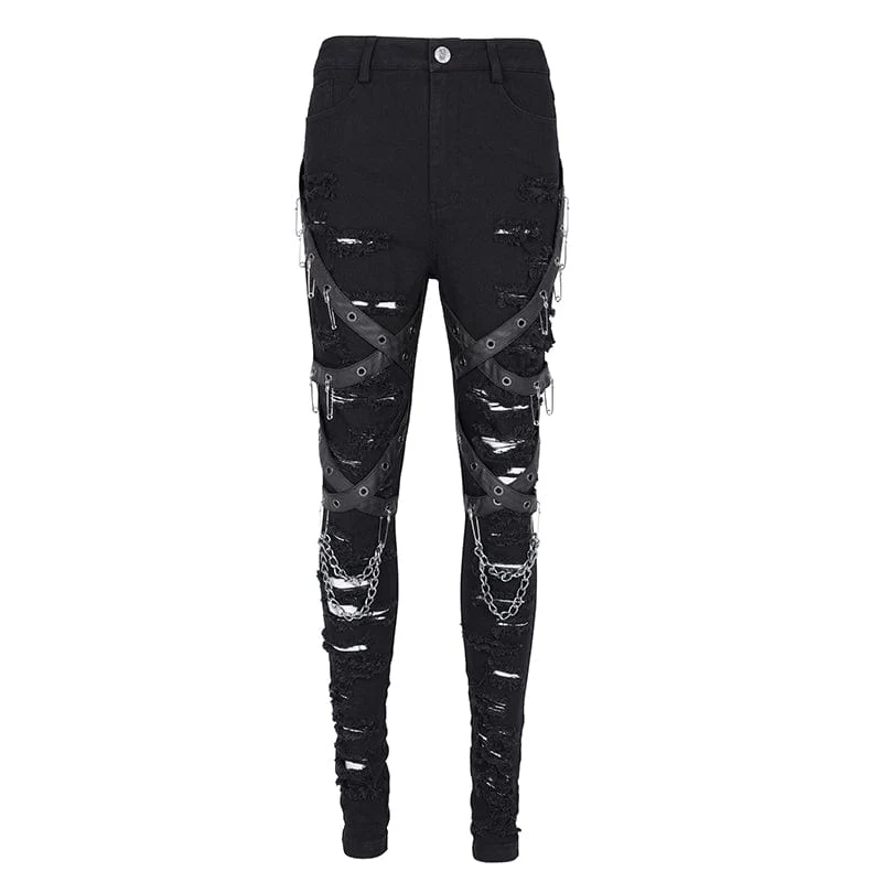 Damen Punk zerrissene Ösen Ketten Hose