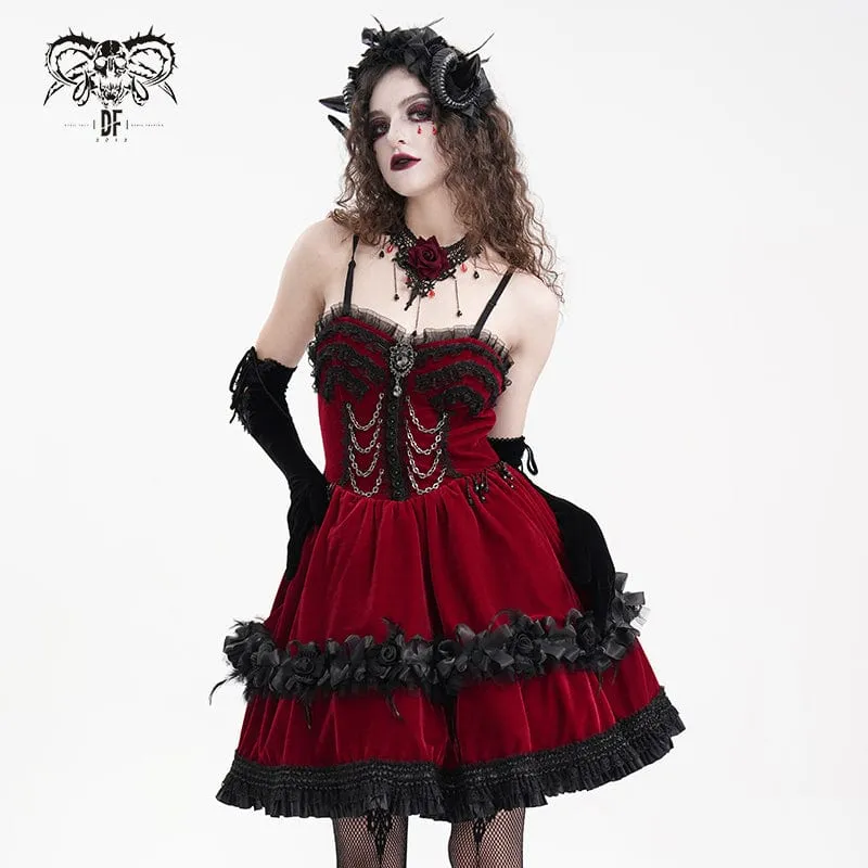 Rotes, kurzes Gothic-Kleid mit Kettenrüschen und Spitze für Damen, ideal für Abschlussfeiern