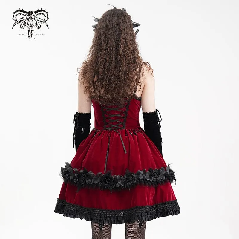 Rotes, kurzes Gothic-Kleid mit Kettenrüschen und Spitze für Damen, ideal für Abschlussfeiern