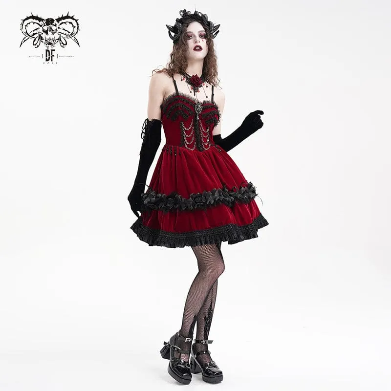 Rotes, kurzes Gothic-Kleid mit Kettenrüschen und Spitze für Damen, ideal für Abschlussfeiern