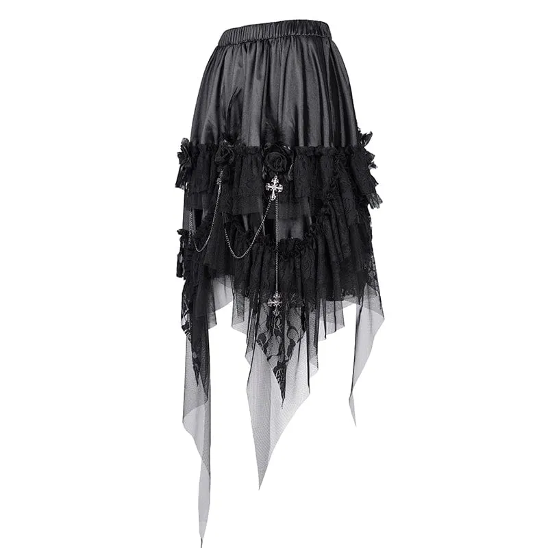 Gothic-Rock mit Kreuzkette und Spitze und unregelmäßigem Saum für Damen