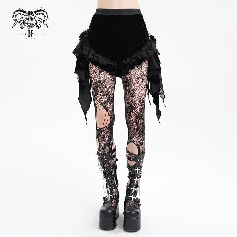 Gothic-Shorts aus gerüschtem Mesh mit Federn für Damen