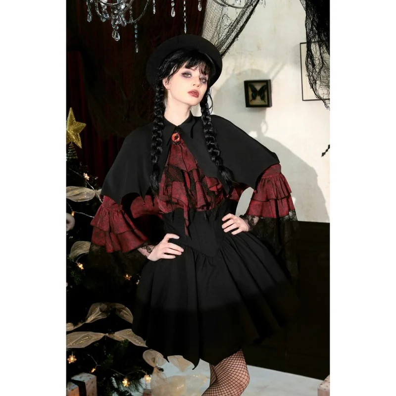 Gothic Batwing Diamond Cape für Damen Schwarz Rot