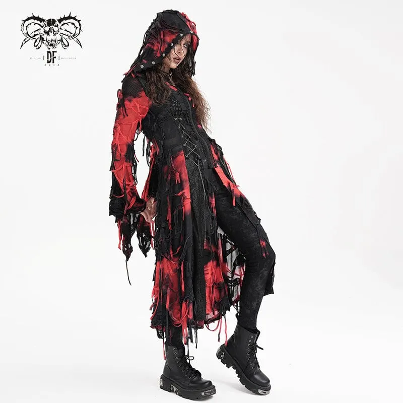 Damen Punk Ripped Chain Lace Mantel Schwarz-Rot