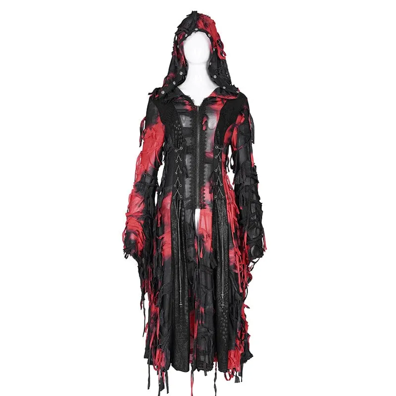 Damen Punk Ripped Chain Lace Mantel Schwarz-Rot