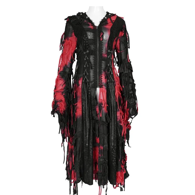 Damen Punk Ripped Chain Lace Mantel Schwarz-Rot