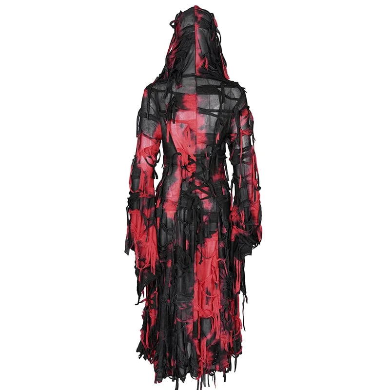 Damen Punk Ripped Chain Lace Mantel Schwarz-Rot