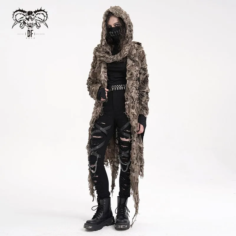 Damen Punk Ripped Eyelets Zip Cape Kaffee