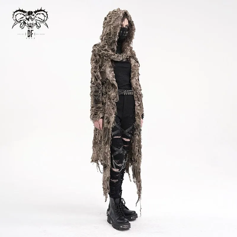 Damen Punk Ripped Eyelets Zip Cape Kaffee