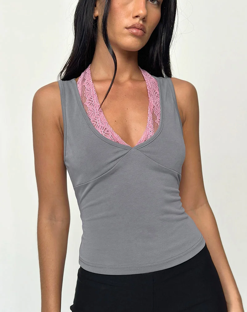 Helma Neckholder-Top in Grau mit rosa Spitze