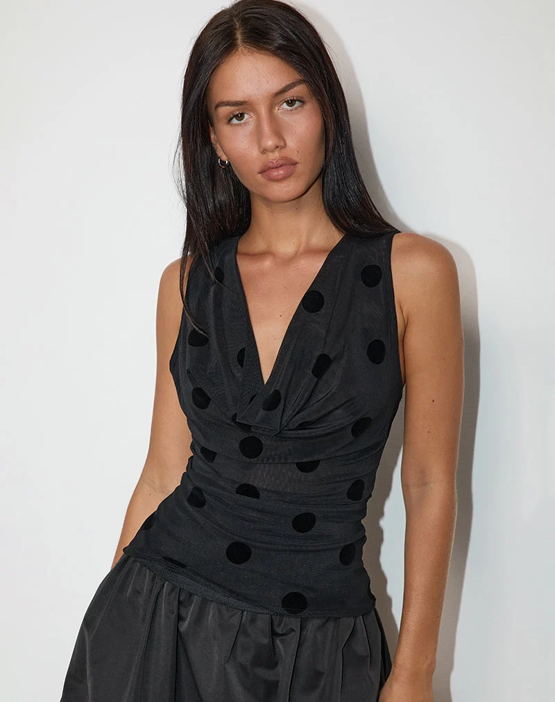 Losa Cowl Neck Top in Big Polka Flock Schwarz