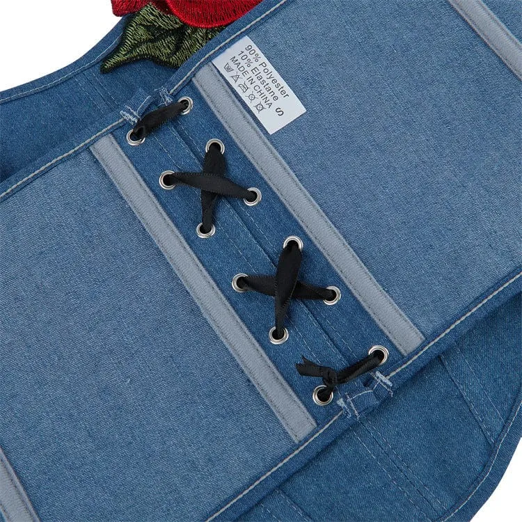Gothic Überbrustkorsett mit Schnürung und bestickter Rose für Damen Blau