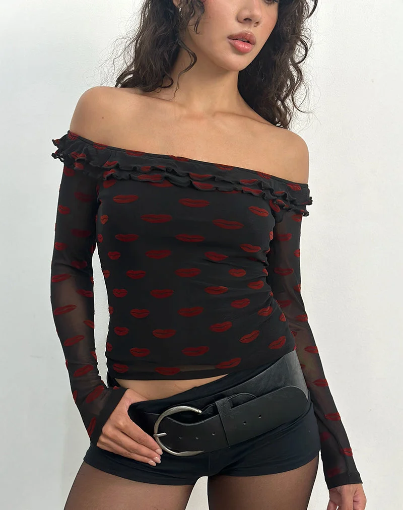 Nihal Rüschen-Bardot-Top in Lippenflocke Schwarz