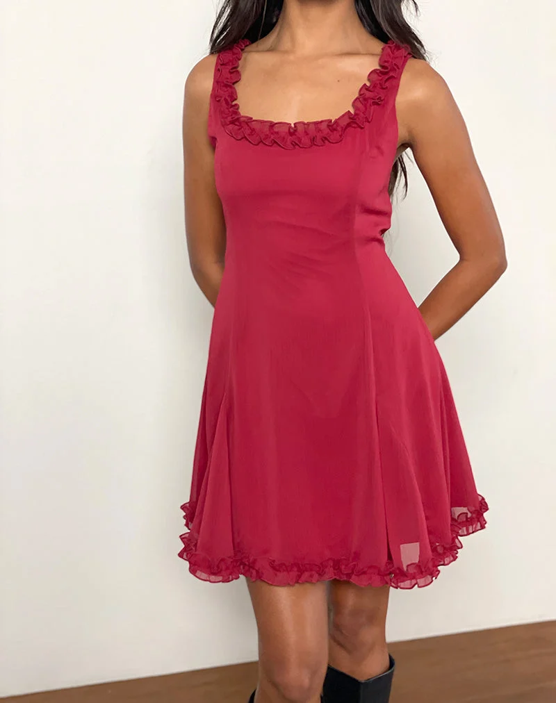 Fulvia Slip-Minikleid mit Rüschen in Tiefrot