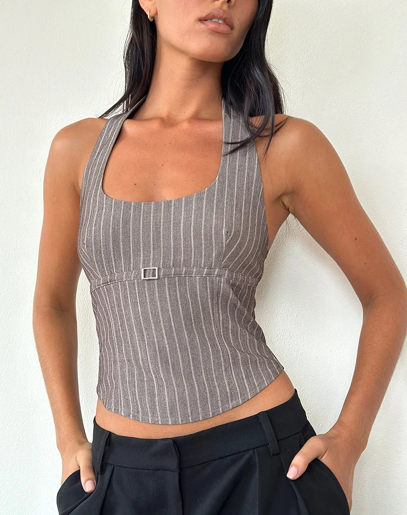 Nasya Neckholder-Top in Taupe Nadelstreifen Tailoring
