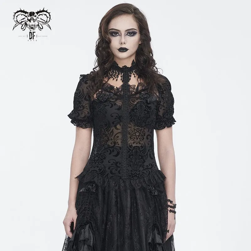 Damen-Gothic-Hemd mit Puffärmeln und beflocktem Netzstoff