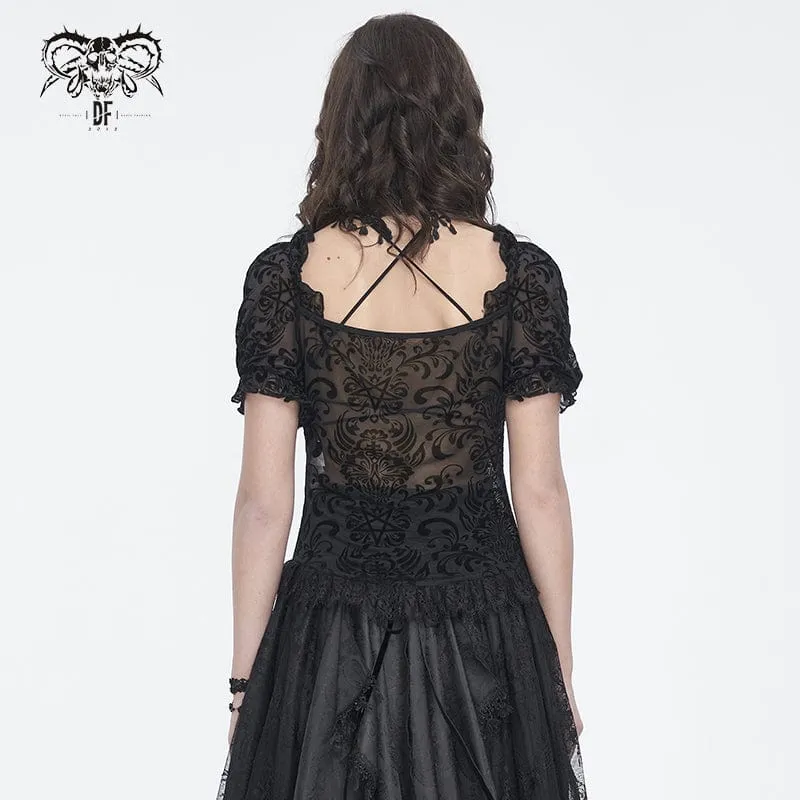 Damen-Gothic-Hemd mit Puffärmeln und beflocktem Netzstoff