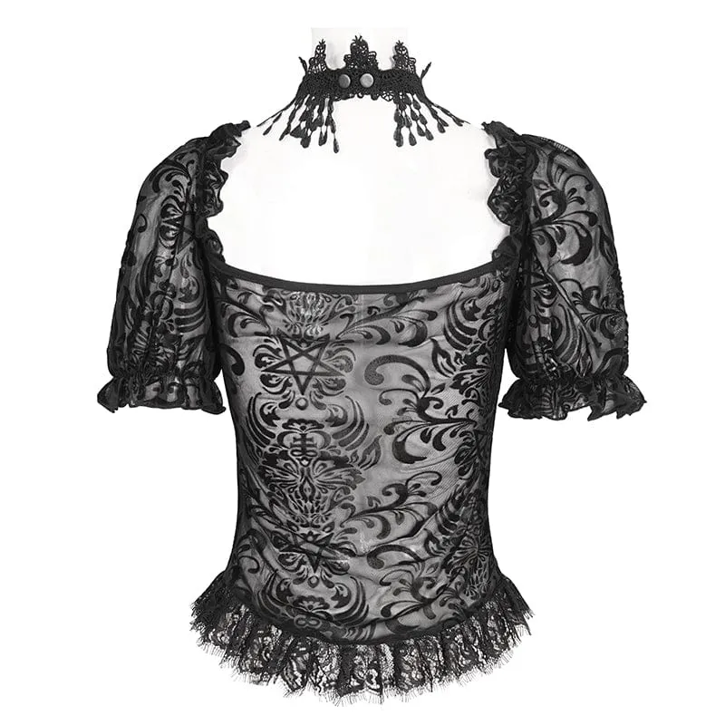 Damen-Gothic-Hemd mit Puffärmeln und beflocktem Netzstoff