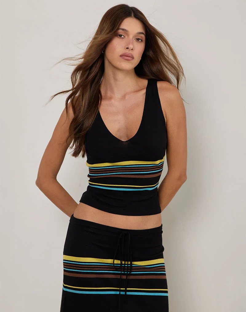 Natcha Vest Top in Schwarz mit braunen und blauen Streifen