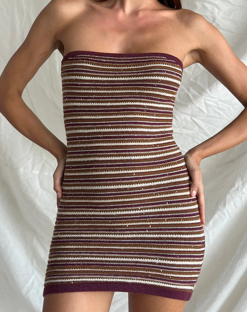 Rosbina Bandeau-Minikleid aus schimmerndem Streifenstrick in Rost