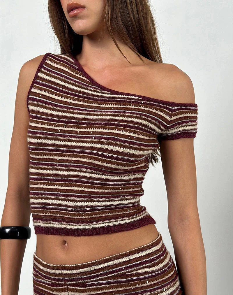 Tamia Off Shoulder Top aus schimmerndem Streifenstrick Rust