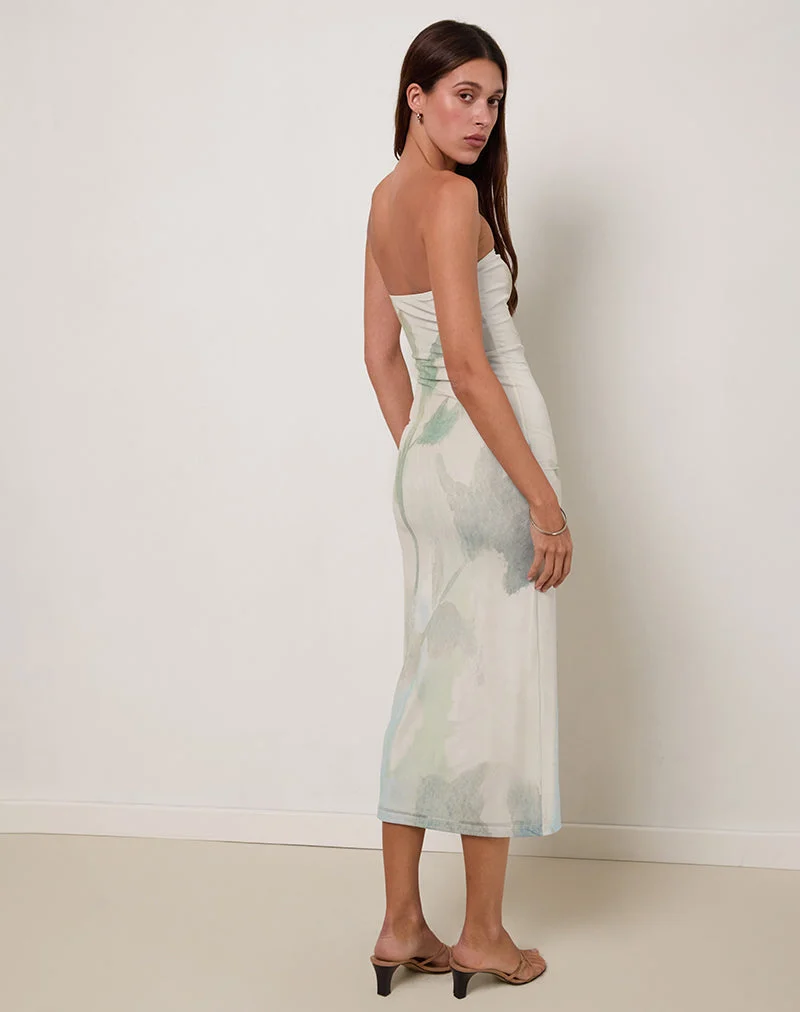 Rosbandi Bandeau-Midikleid aus abstrakter gemalter Blume in Blau