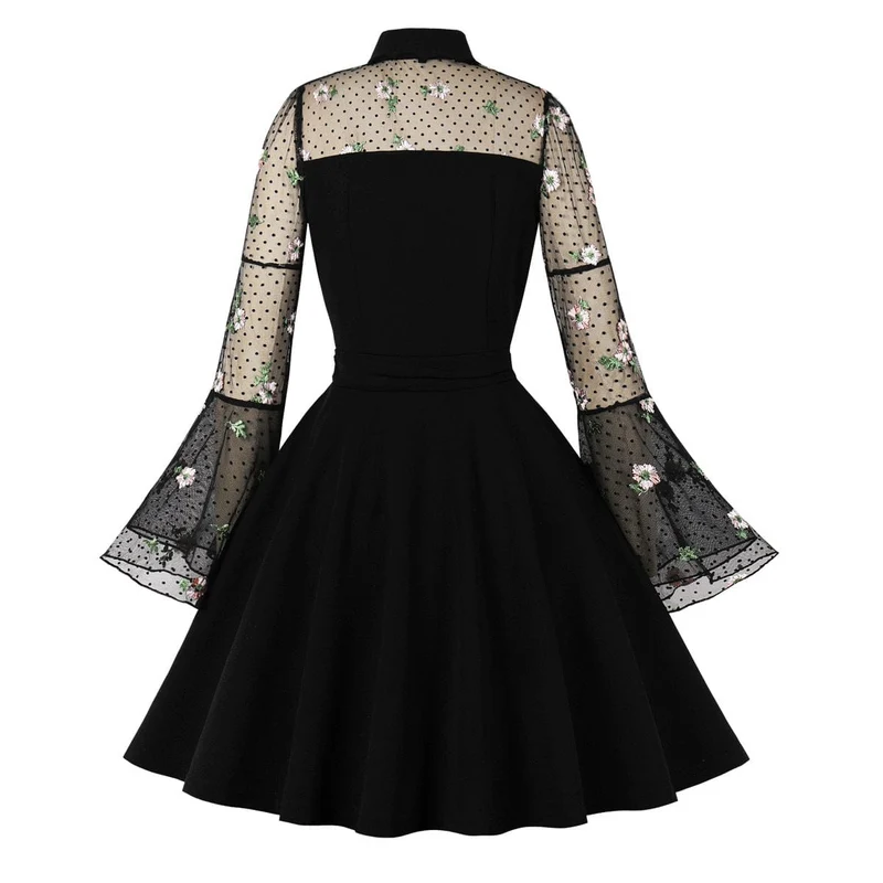 Abendkleid im Gothic-Stil für Damen mit Blumenstickerei und ausgestellten Ärmeln