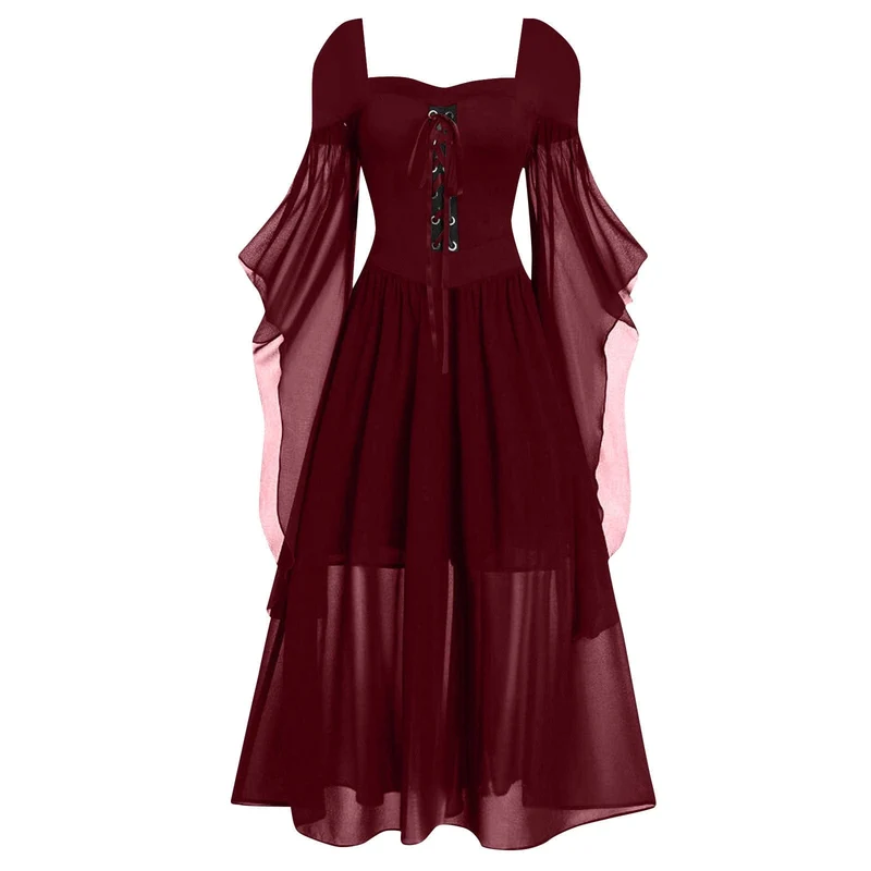 Gothic Hexenkleid mit Schnürung in Kontrastfarbe für Damen