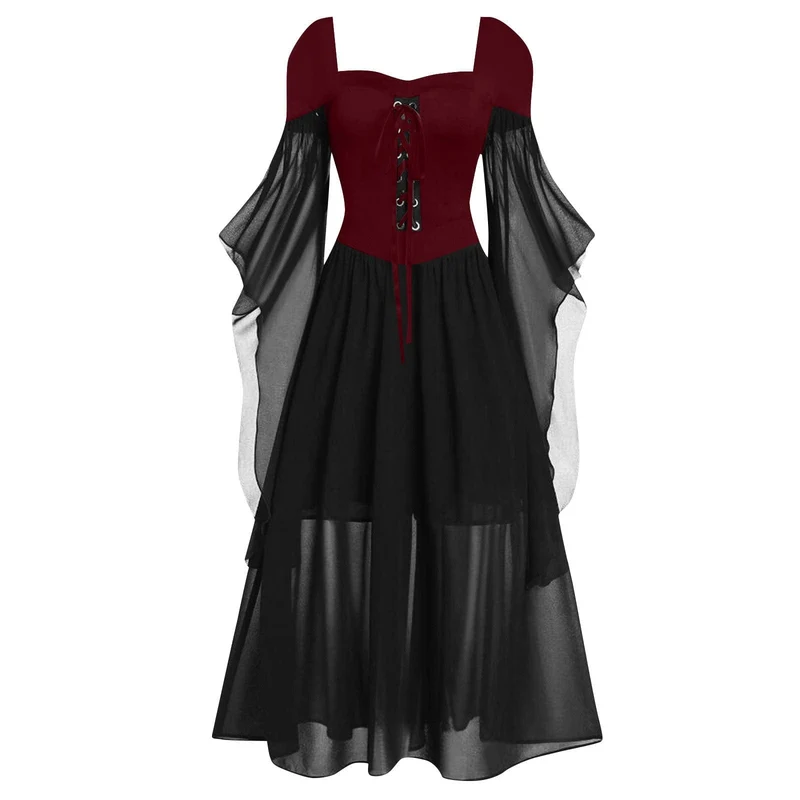 Gothic Hexenkleid mit Schnürung in Kontrastfarbe für Damen