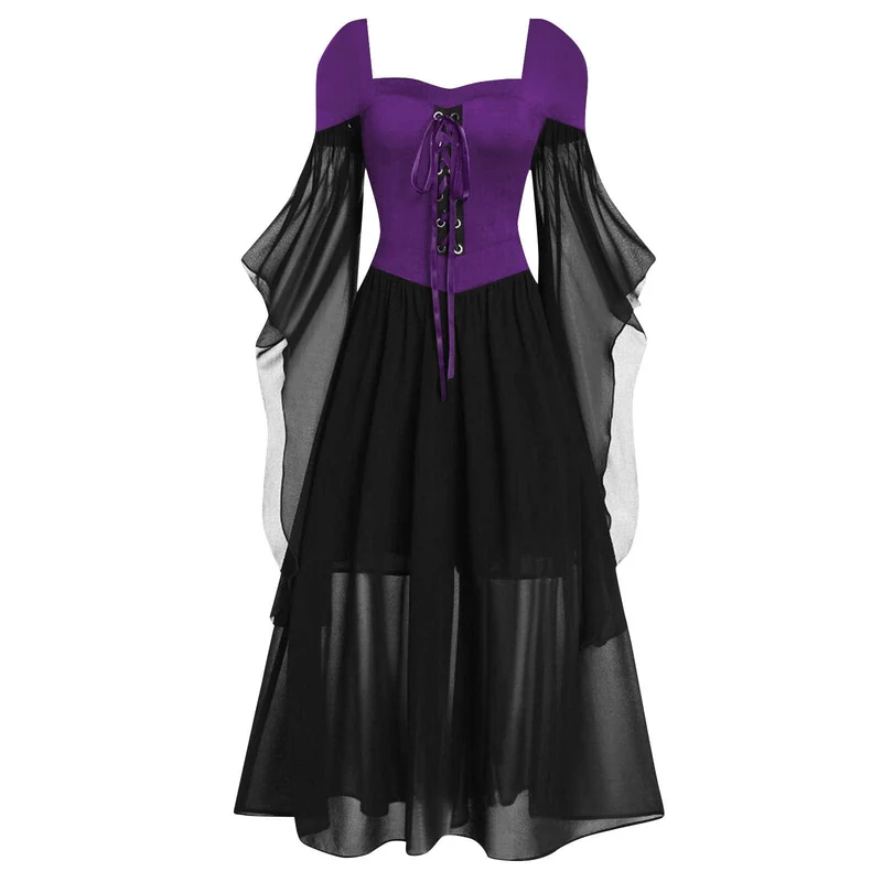 Gothic Hexenkleid mit Schnürung in Kontrastfarbe für Damen