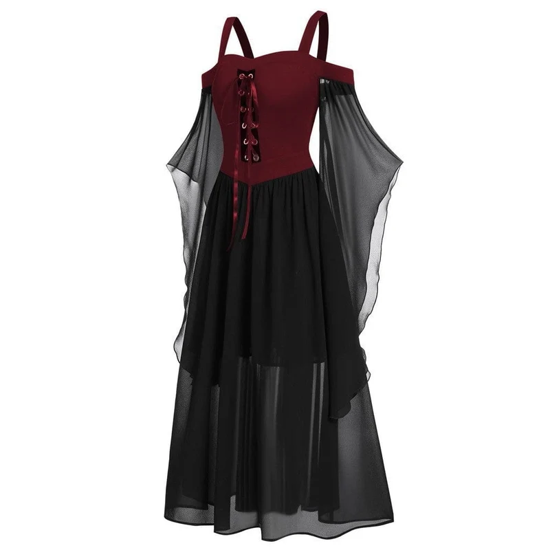 Gothic-Hexenkleid mit ausgestellten Ärmeln in Kontrastfarbe für Damen
