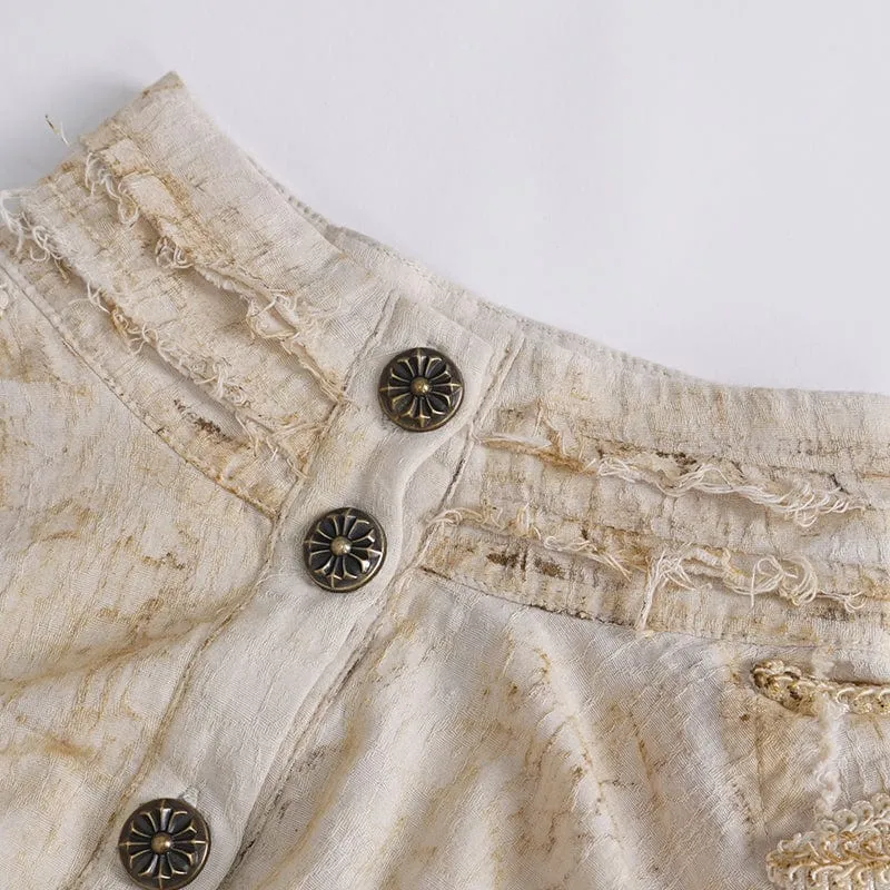 Damen Steampunk-Hemd in Beige mit Stehkragen und Puffärmeln