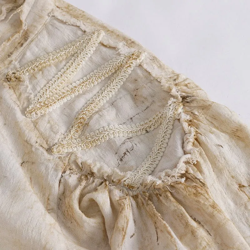 Damen Steampunk-Hemd in Beige mit Stehkragen und Puffärmeln