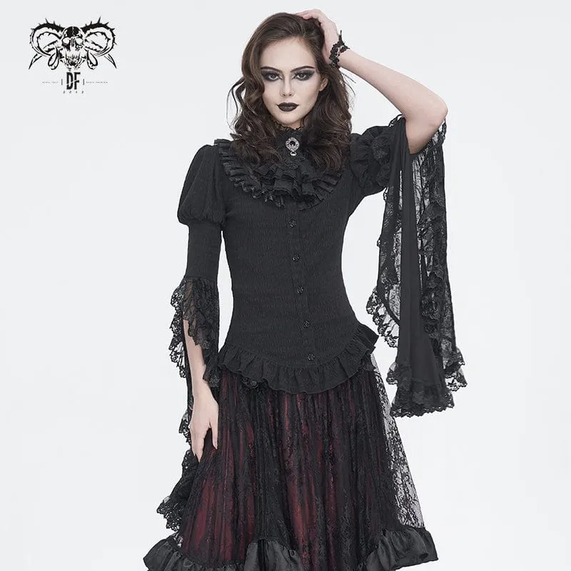 Damen-Gothic-Hemd mit Puffärmeln, Rüschen und abgesetzter Krawatte